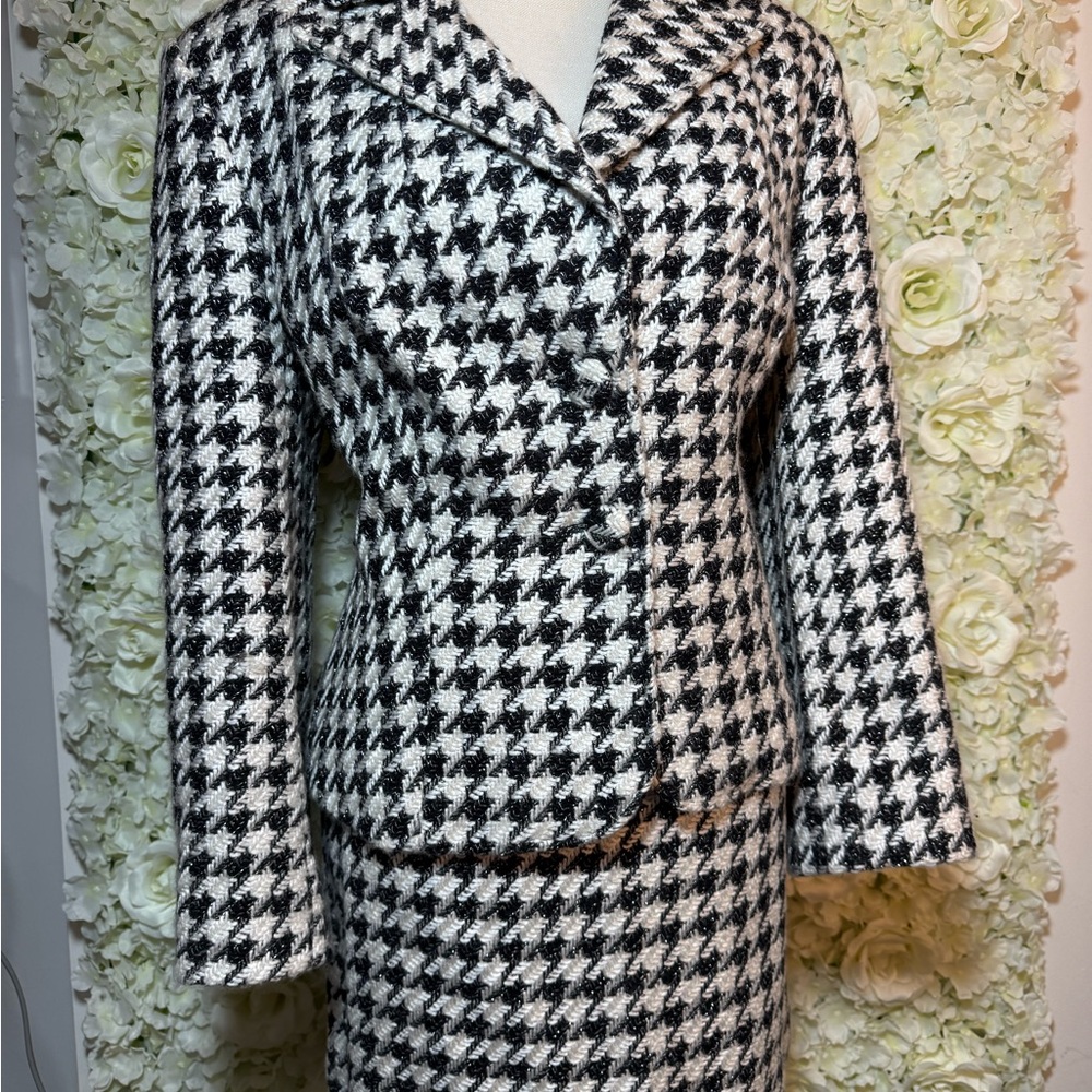 French Couture–Inspired Wool-Blend Houndstooth Suit | Elegant Women’s Size 14
